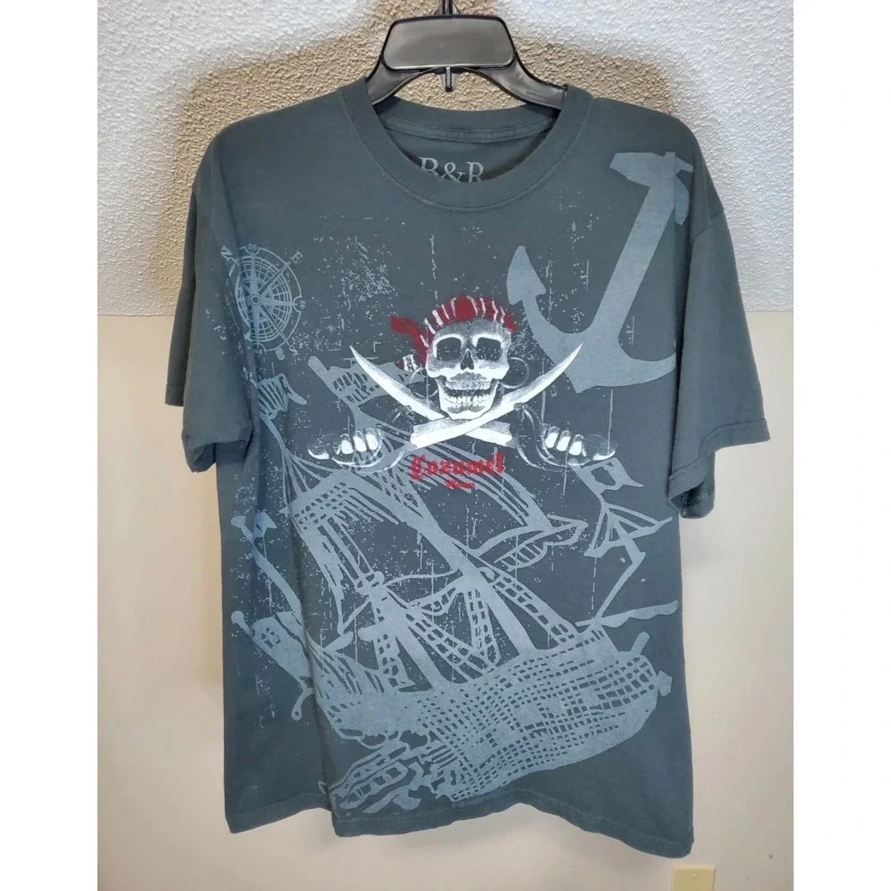 B&R Bani & Rajku Mens Cozumel Mexico Pirate Skull Ship Graphic T-Shirt Gray L